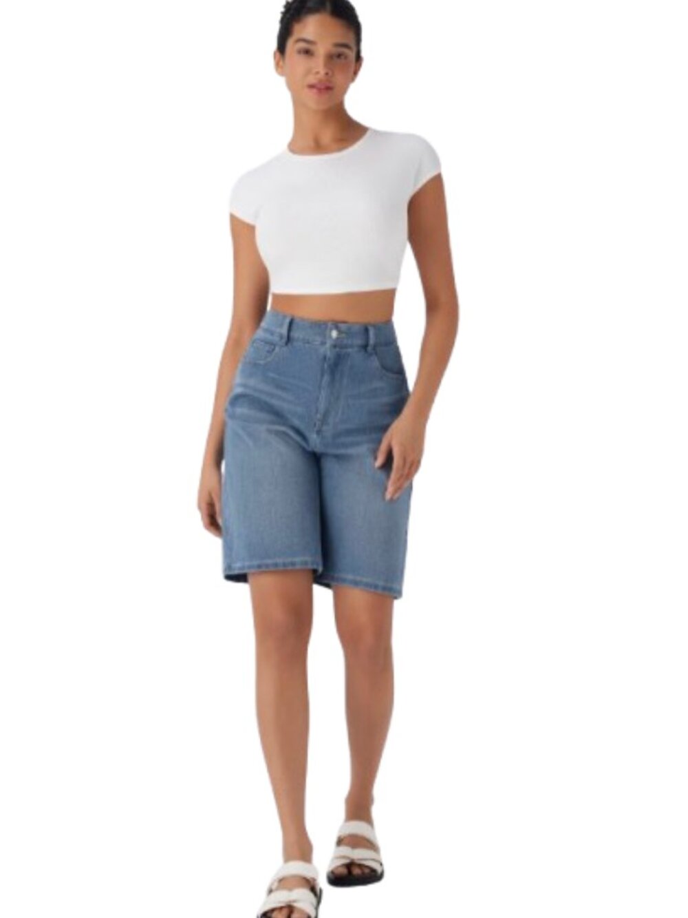 Women's M NWT Halara Flex High Waisted Pockets Washed Denim Bermuda Shorts